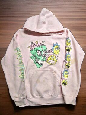 Rick and Morty Adult Swim Pink Graphic Hoodie Size Small Distressed Flawed